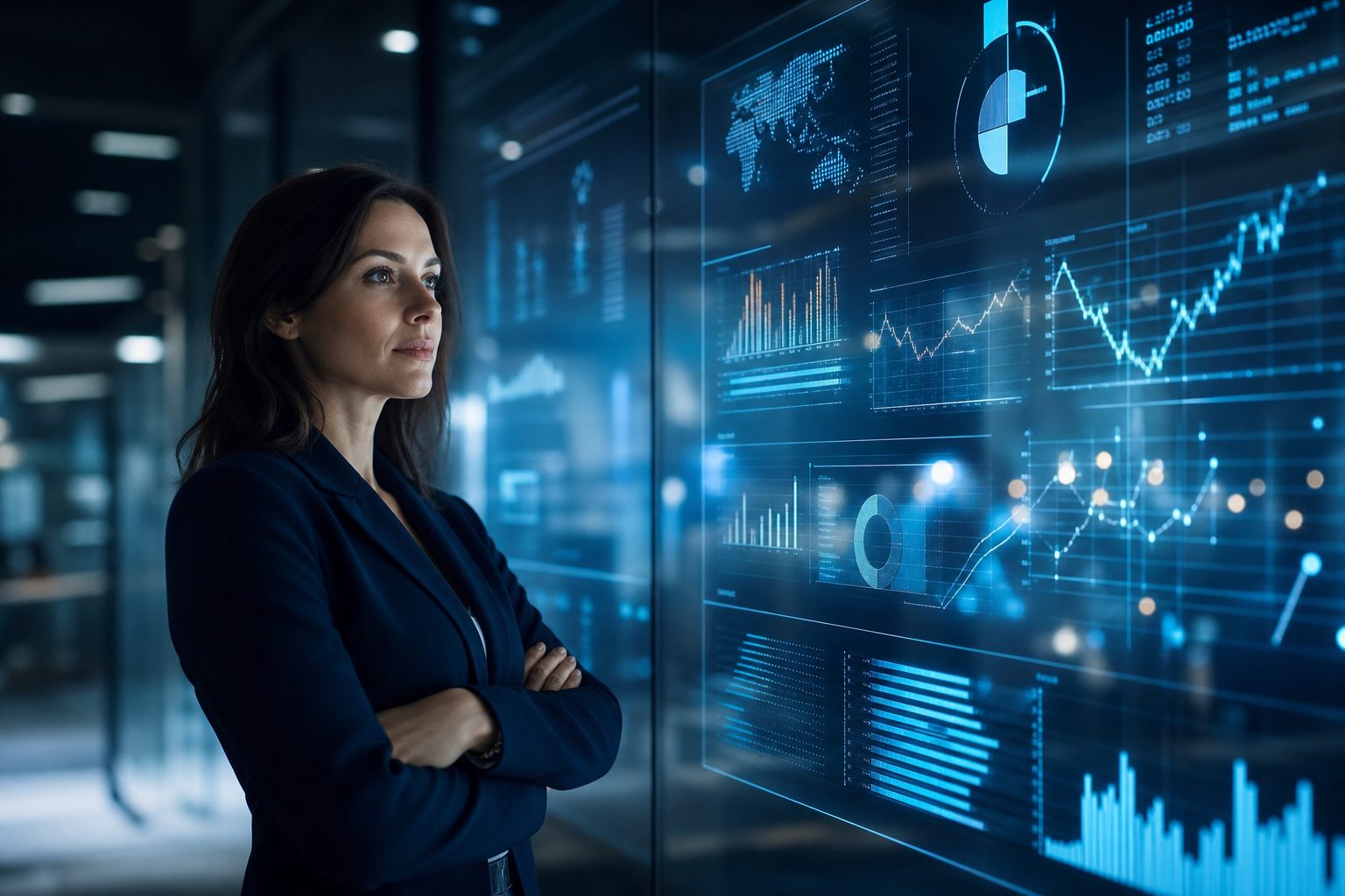 An AppStudio technology leader reviewing operational dashboards on a large data wall
